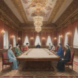 Anime style representation of an elaborate palace meeting room with six individuals employing a variety of attire, and a king seated honorably at the far end of the table.