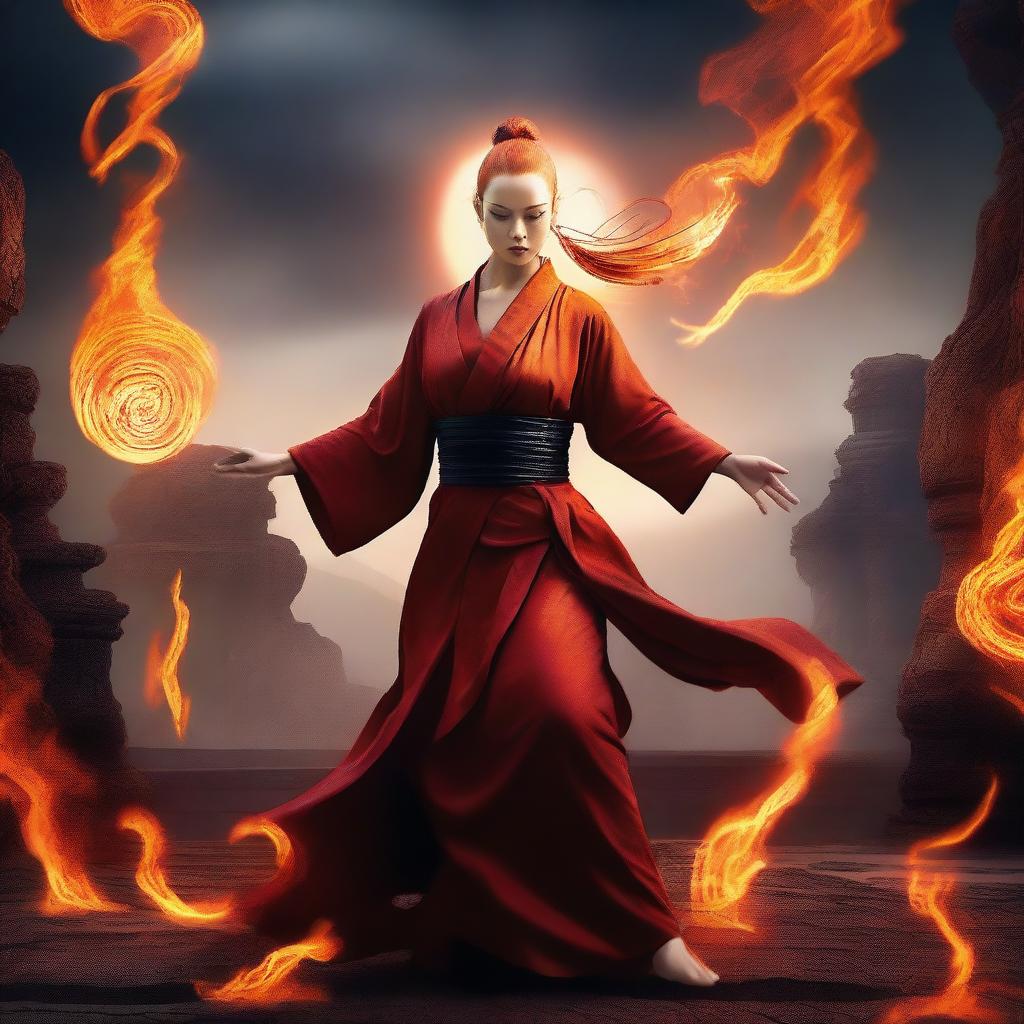 A powerful and graceful female Fire Genasi Monk, with fiery hair and glowing eyes, wearing traditional monk robes