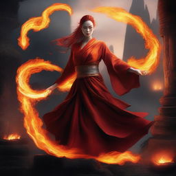 A powerful and graceful female Fire Genasi Monk, with fiery hair and glowing eyes, wearing traditional monk robes