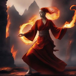 A powerful and graceful female Fire Genasi Monk, with fiery hair and glowing eyes, wearing traditional monk robes