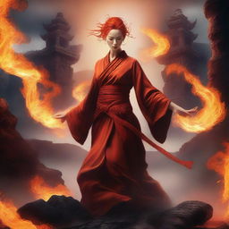 A powerful and graceful female Fire Genasi Monk, with fiery hair and glowing eyes, wearing traditional monk robes