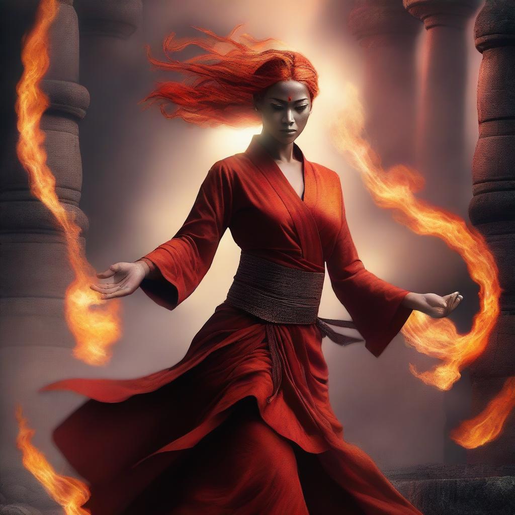 A powerful and graceful female Fire Genasi Monk with fiery hair and glowing eyes, featuring slightly Indian facial features