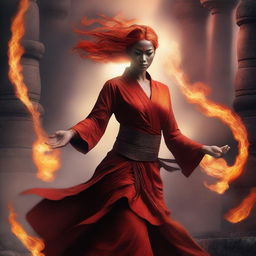 A powerful and graceful female Fire Genasi Monk with fiery hair and glowing eyes, featuring slightly Indian facial features