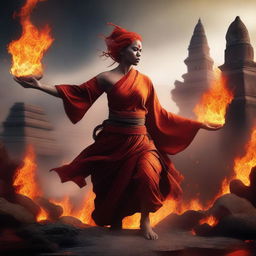 A powerful and graceful female Fire Genasi Monk with fiery hair and glowing eyes, featuring slightly Indian facial features