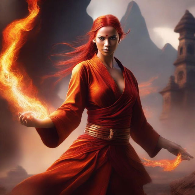 A powerful and graceful female Fire Genasi Monk with fiery hair and glowing eyes, featuring slightly Indian facial features