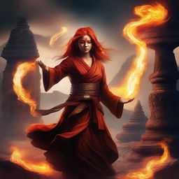 A powerful and graceful female Fire Genasi Monk with fiery hair and glowing eyes, featuring slightly Indian facial features