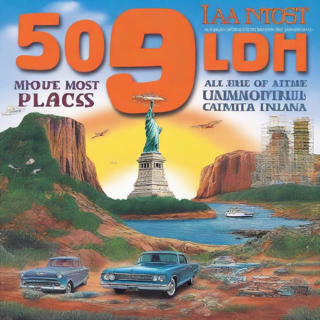 A travel guide cover for a paperback book titled '50 of the Most Unusual Places Tourists Can Visit in the USA