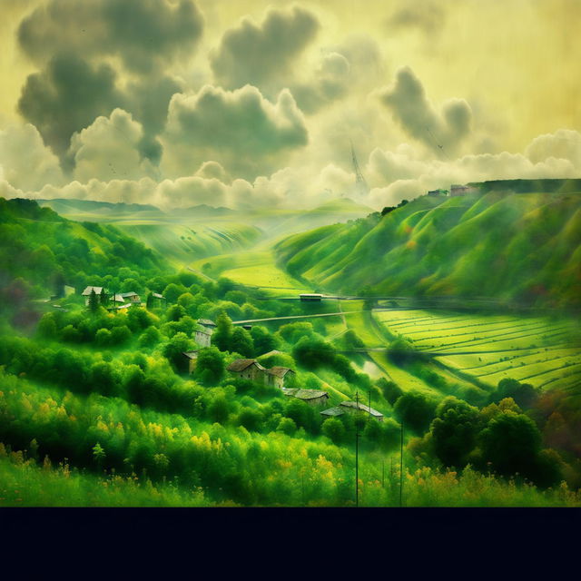 A semi-abstract depiction of vintage Romania during communism, featuring romantic rolling hills and historical elements like propaganda posters and architecture, using muted tones to evoke a sense of history and tranquility