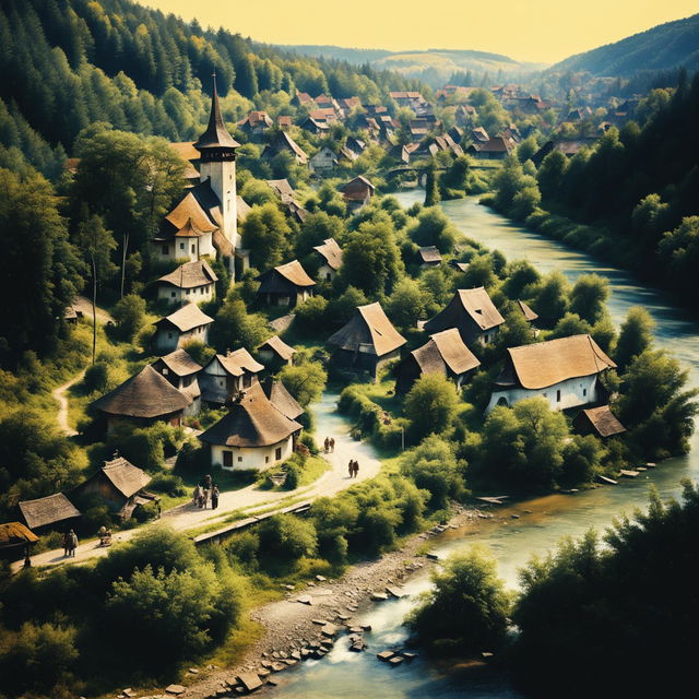 An evocative image of vintage Romania featuring traditional architecture, rolling hills, forests, and people in traditional attire, using a muted, earthy color palette to evoke nostalgia