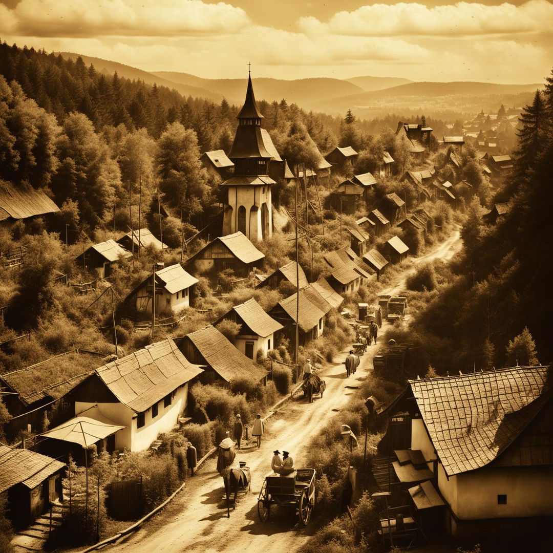 A vintage-style image of Romania, featuring traditional architecture, historic landmarks, picturesque landscapes, and traditional motifs with a muted color palette and sepia tones to evoke nostalgia