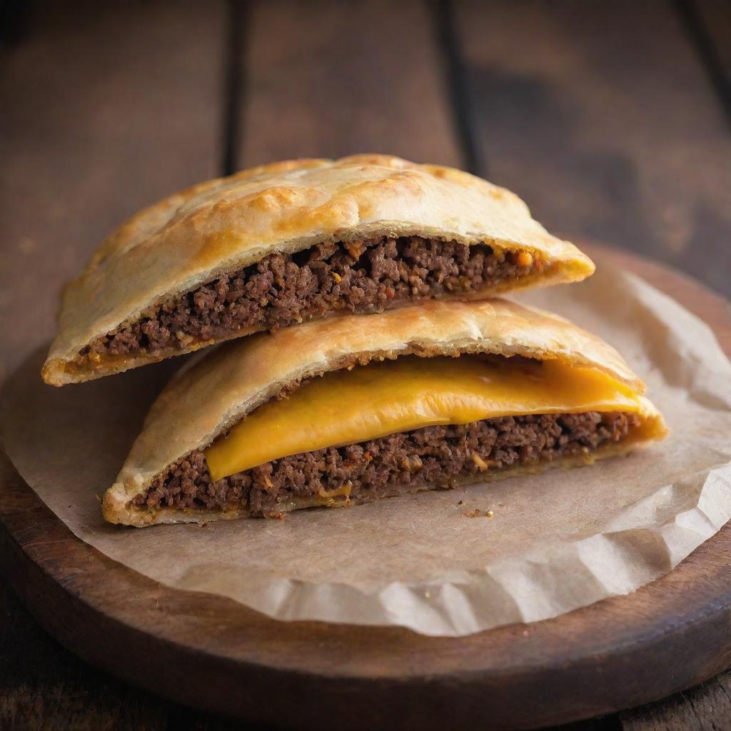 A golden Jamaican patty freshly baked with flaky crust and delicious, spicy ground meat peeping through the slit on the top, placed on a rustic wooden table.