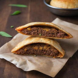 A golden Jamaican patty freshly baked with flaky crust and delicious, spicy ground meat peeping through the slit on the top, placed on a rustic wooden table.