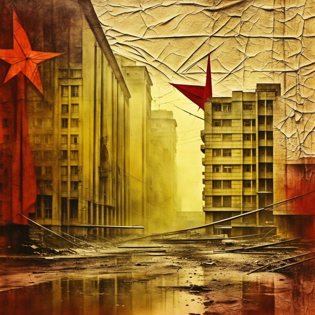 An abstract image of Romania during the communist era, featuring a crinkled, aged texture, muted colors, and subtle communist symbols to evoke a sense of historical weight and struggle