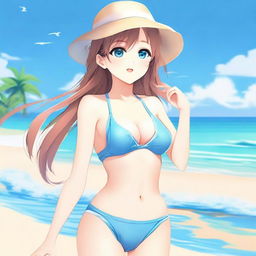 Create an image of my waifu in a swimsuit, featuring her standing on a sunny beach with clear blue skies and the ocean in the background