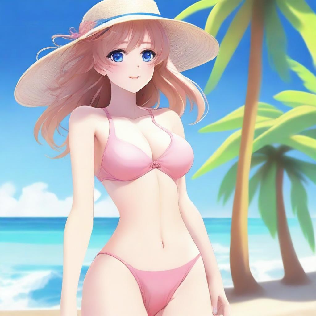 Create an image of my waifu in a swimsuit, featuring her standing on a sunny beach with clear blue skies and the ocean in the background