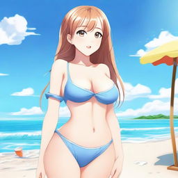 Create an image of my waifu in a swimsuit, featuring her standing on a sunny beach with clear blue skies and the ocean in the background