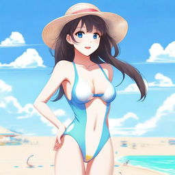 Create an image of my waifu in a swimsuit, featuring her standing on a sunny beach with clear blue skies and the ocean in the background