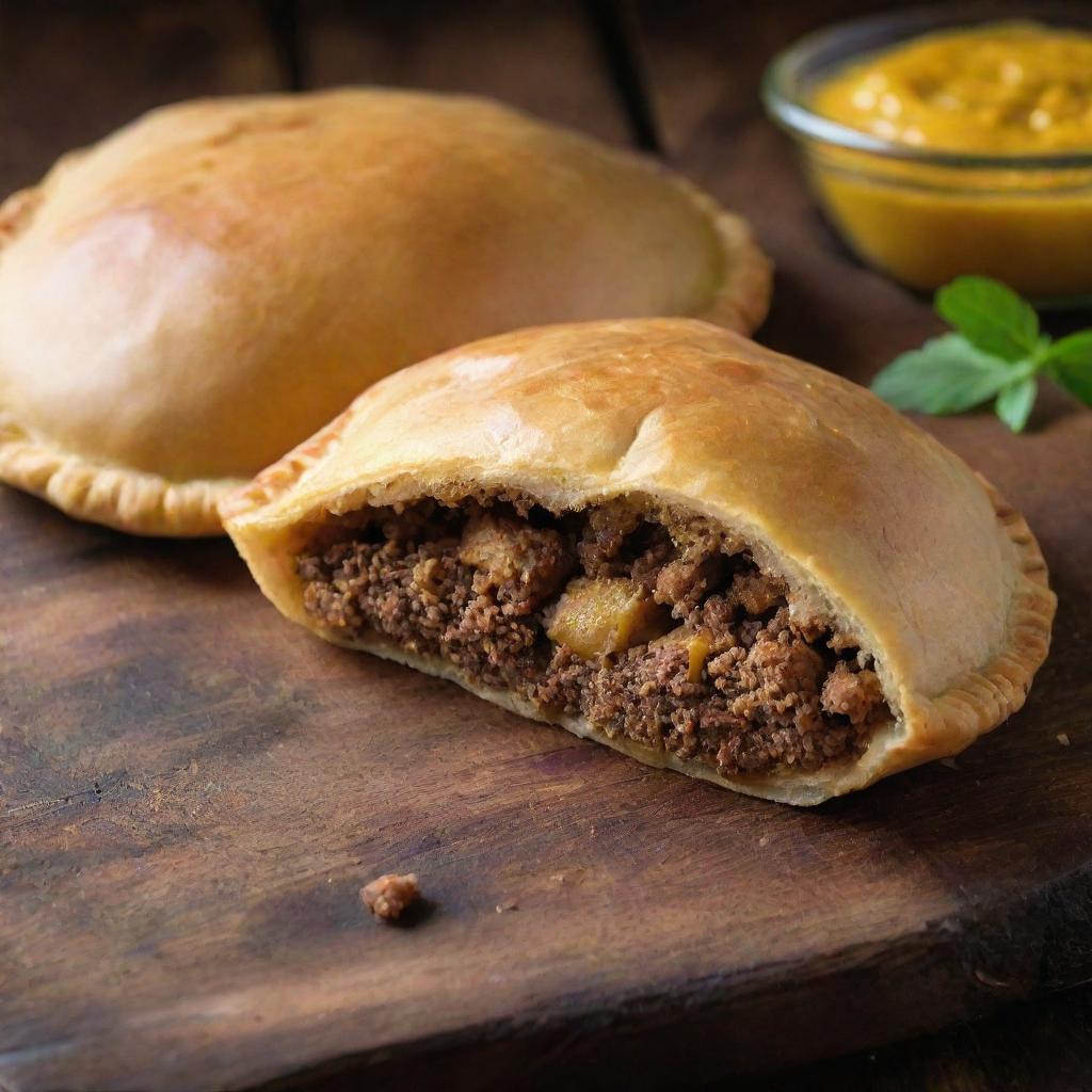 A golden Jamaican patty freshly baked with flaky crust and delicious, spicy ground meat peeping through the slit on the top, placed on a rustic wooden table.