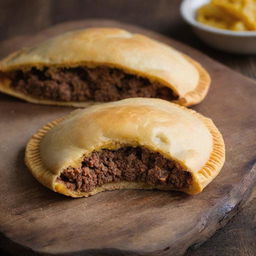 A golden Jamaican patty freshly baked with flaky crust and delicious, spicy ground meat peeping through the slit on the top, placed on a rustic wooden table.