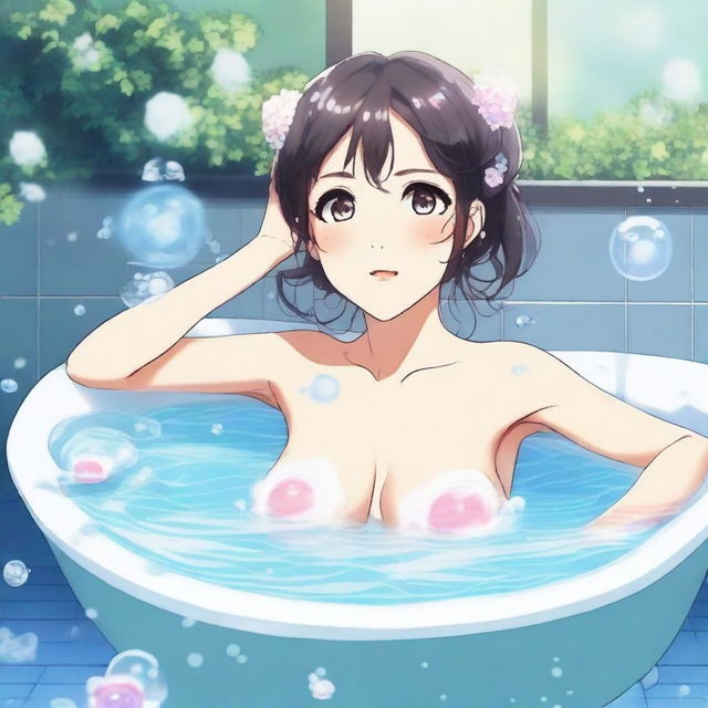 Create an image of a female anime character taking a bath