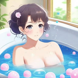 Create an image of a female anime character taking a bath