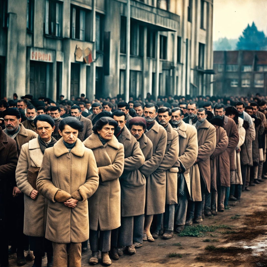 A historically evocative image of people lining up for food in communist-era Romania, depicted with realism and gravity