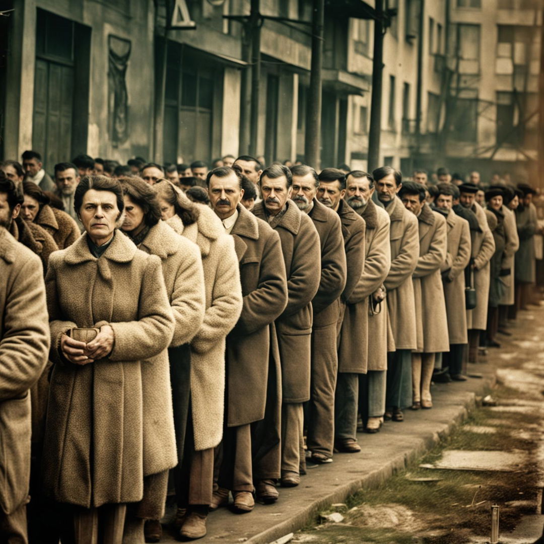 An image of people lining up for food in communist Romania, with a crinkled, aged appearance, muted colors, and elements reflecting the era's hardships and resilience