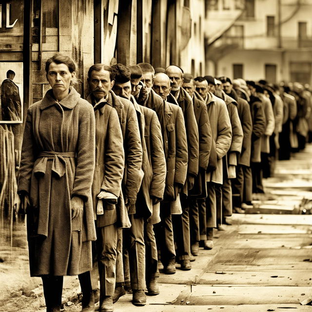 A semi-abstract depiction of people lining up for food in Communist Romania