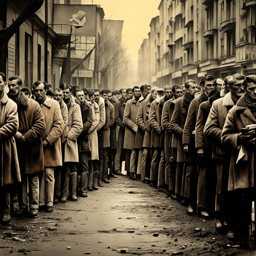 A semi-abstract image of people lining up for food in Communist Romania, using muted colors and crinkled, distorted figures to capture the bleakness and hardship of the era