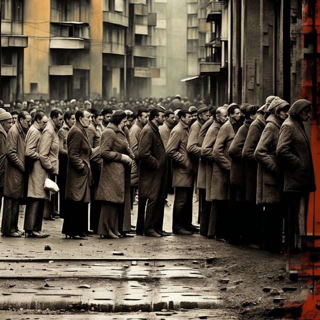 An abstract depiction of people lining up for food in Communist Romania, featuring crinkled textures and muted colors to evoke the era's bleakness and struggle