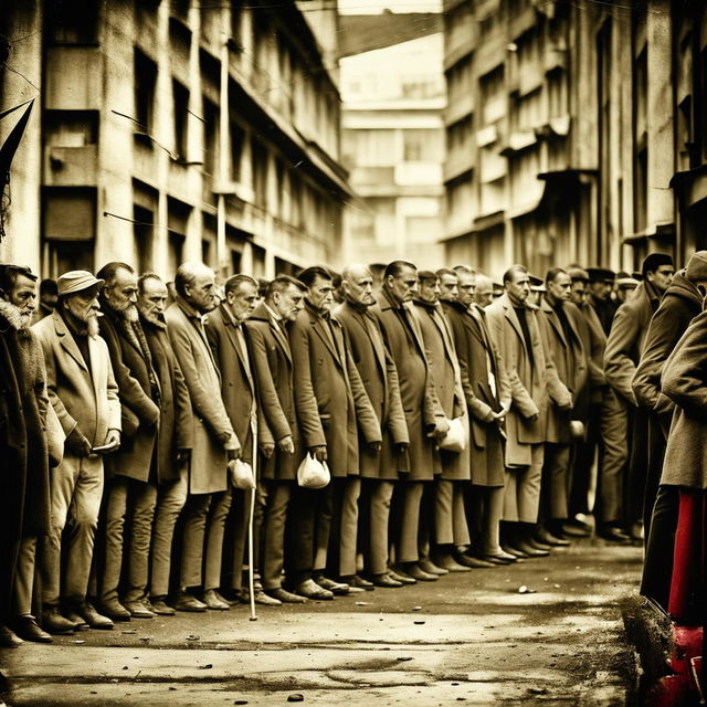 An abstract image of Romania during the communist era, focusing on people lining up for food