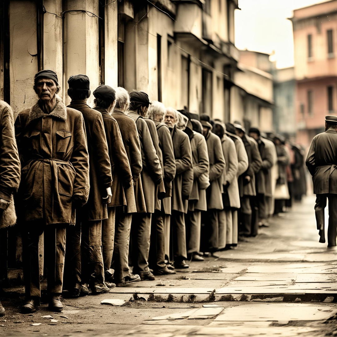 An abstract depiction of Romania during the communist era, focusing on people lining up for food