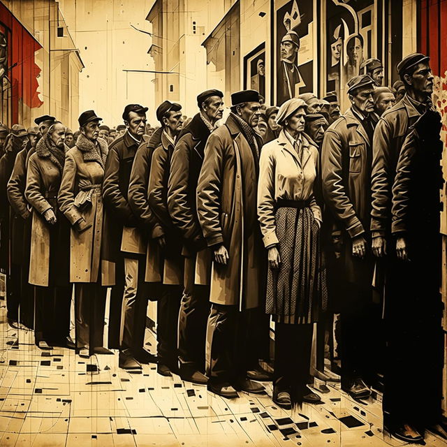 An abstract, crinkled image depicting people lining up for food in communist Romania, featuring dark, muted colors, distressed textures, and elements of stark architecture and propaganda posters