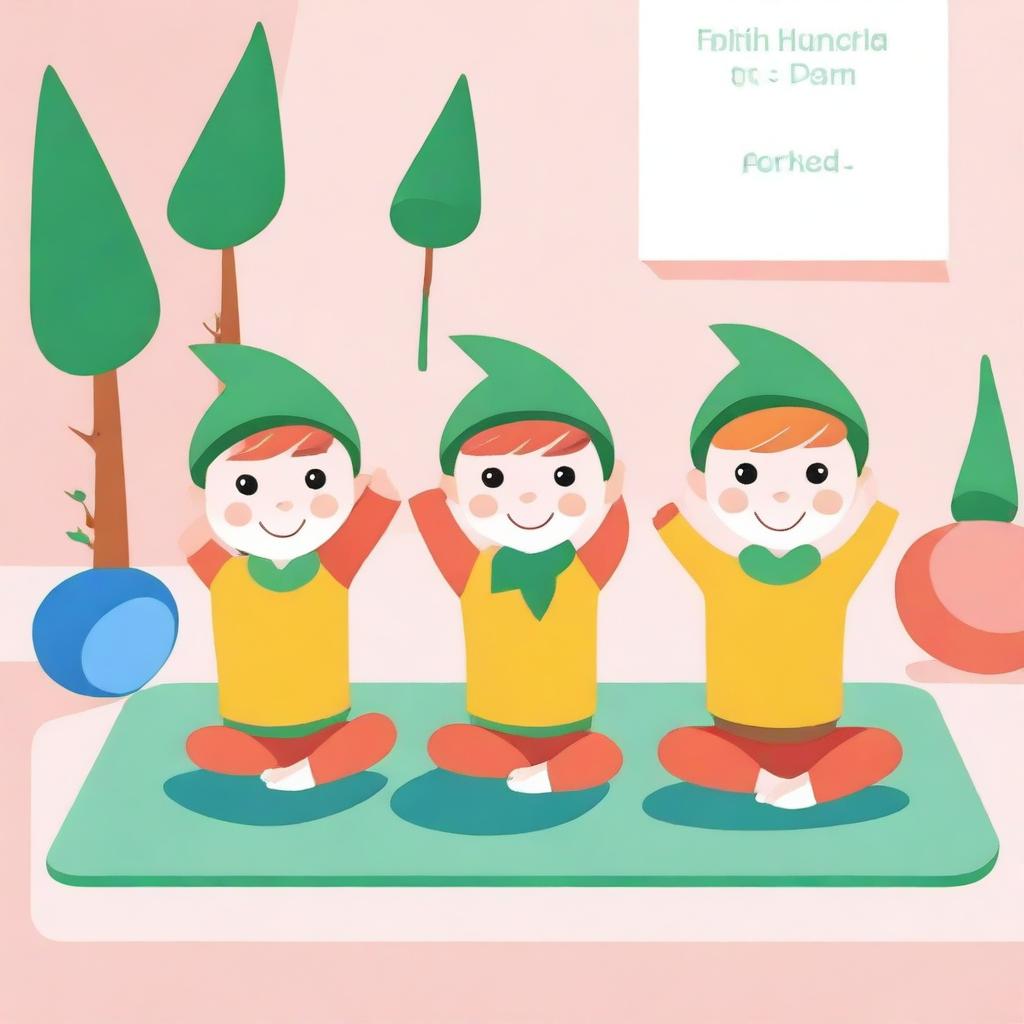 Create an image of three elves exercising on a mat