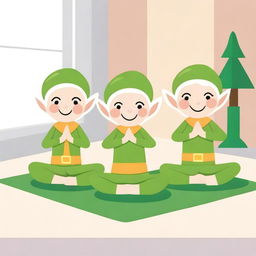 Create an image of three elves exercising on a mat