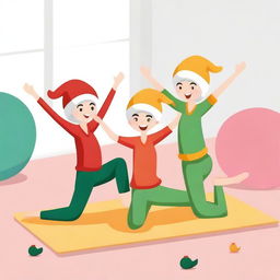 Create an image of three elves exercising on a mat