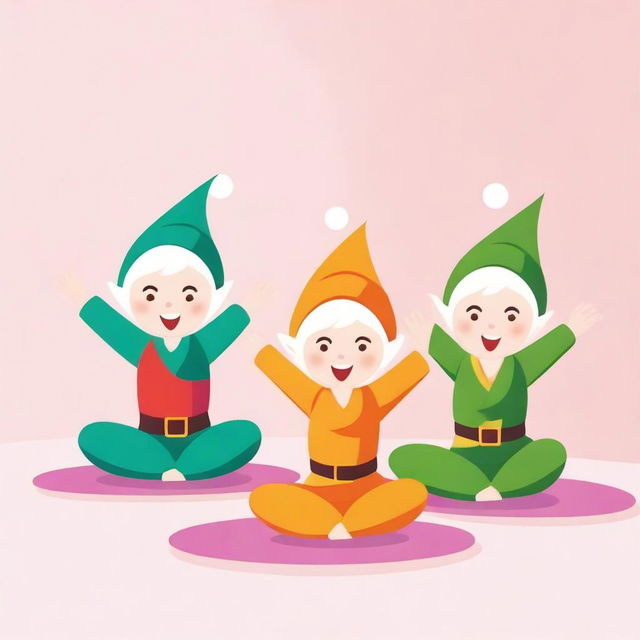 Create an image of three elves exercising on a mat