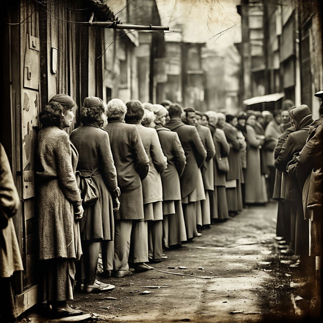 An abstract depiction of men and women lining up for food in Romania, using a crinkled texture and muted colors to evoke hardship and endurance