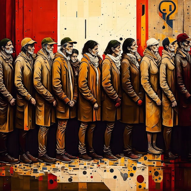 An abstract depiction of men and women lining up for food in Romania, using muted colors and crinkled textures to convey hardship and resilience