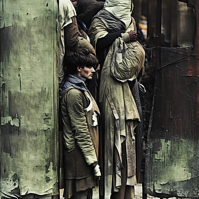 An abstract depiction of men and women lining up for food in Romania, featuring crinkled textures and muted colors to convey struggle and hardship