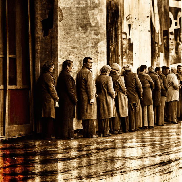 An abstract image of men and women lining up for food in Romania, with a crinkled, aged texture