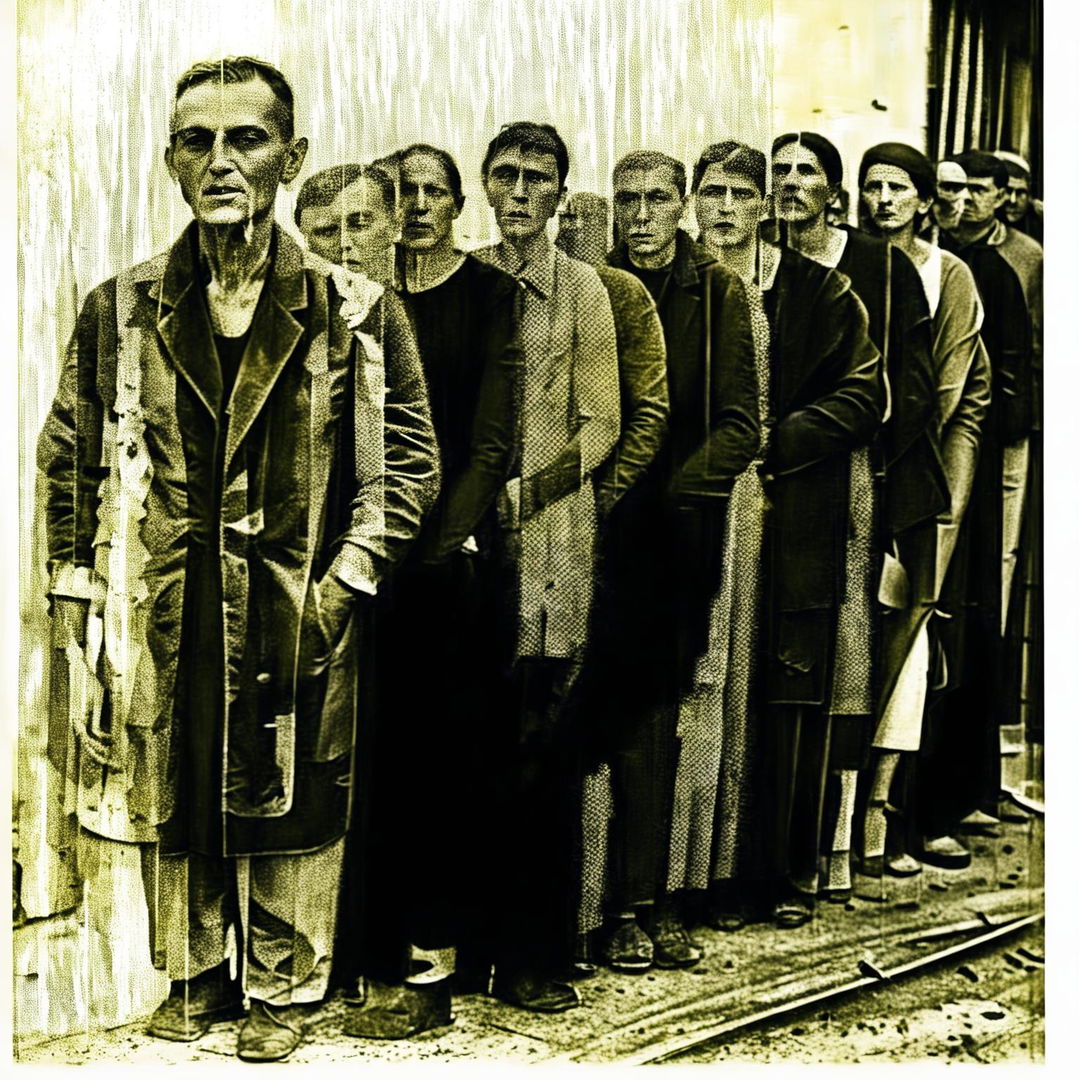 An abstract depiction of men and women lining up for food in Romania, using muted colors, crinkled textures, and stylized figures to convey struggle and resilience