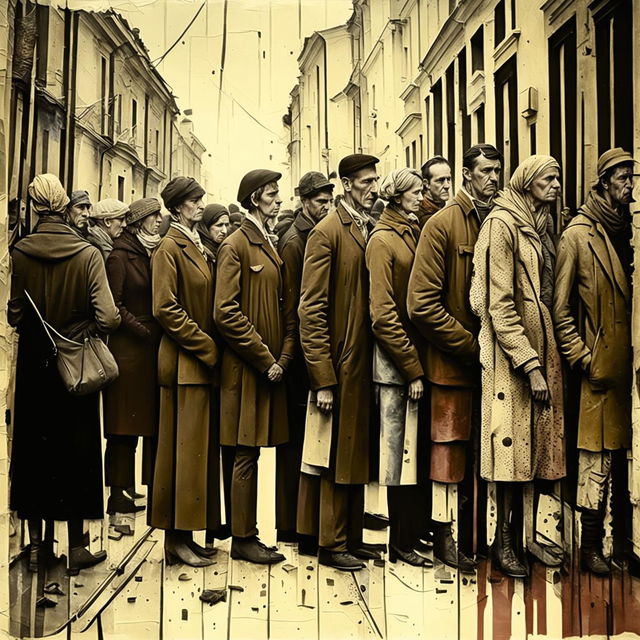 An abstract, crinkled depiction of men and women in Romania lining up for food, using muted colors and distorted figures to evoke a sense of wear and hardship