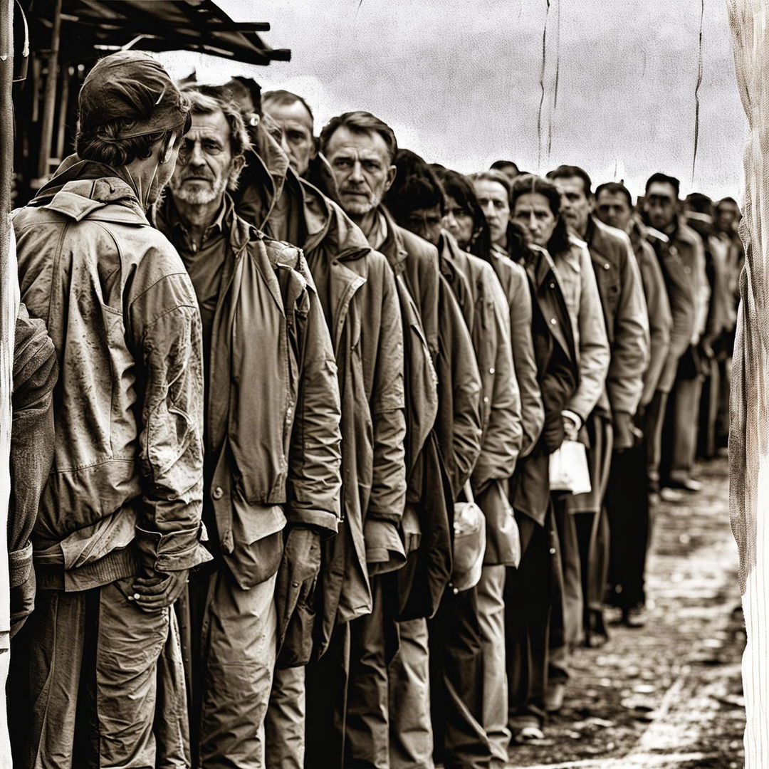 An abstract, crinkled depiction of men and women lining up for food in Romania, using a muted color palette and textured effect to evoke hardship and resilience