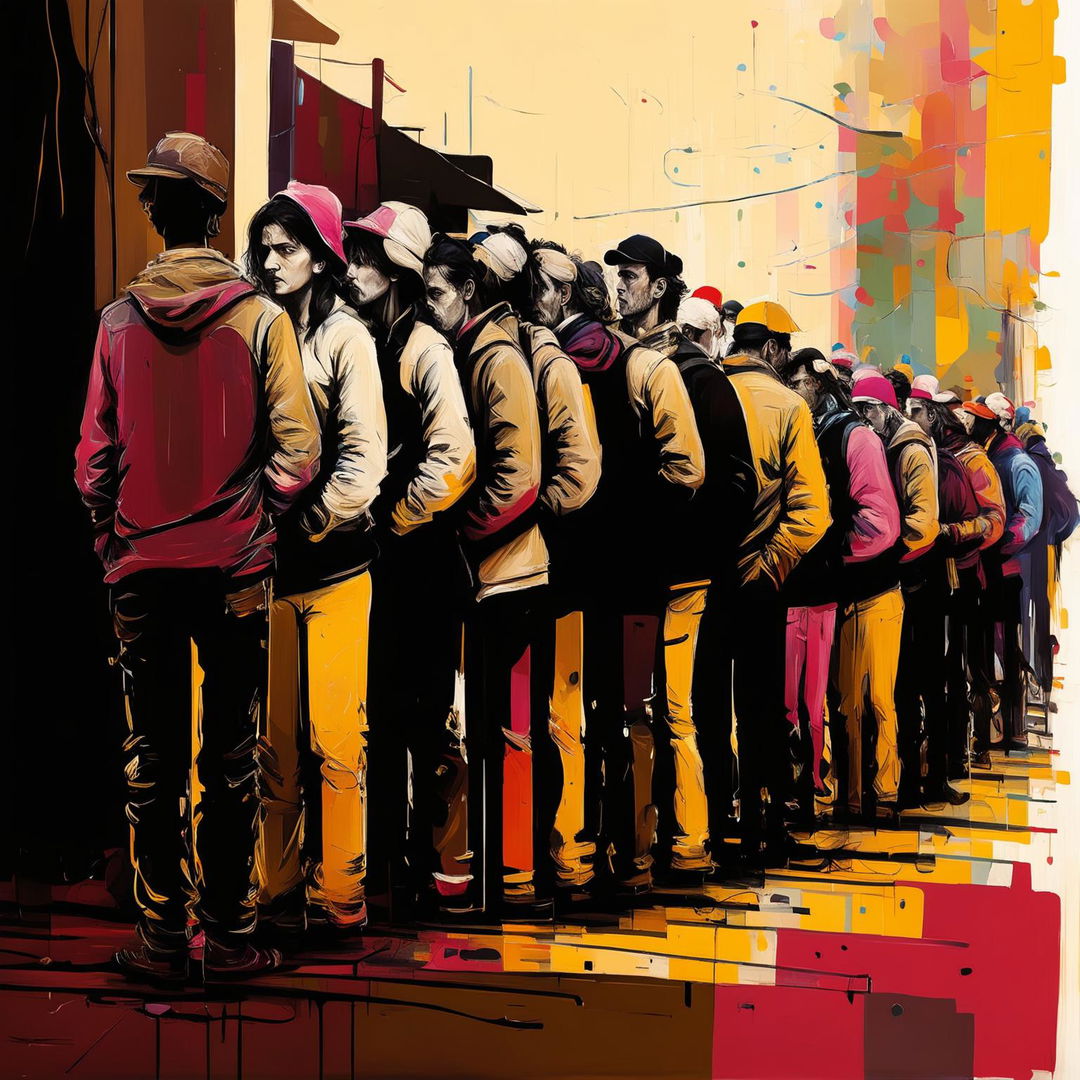 An abstract depiction of men and women lining up for food in Romania, with expressive brushstrokes, bold colors, and a blend of urban and rural background elements to convey urgency, resilience, and hope