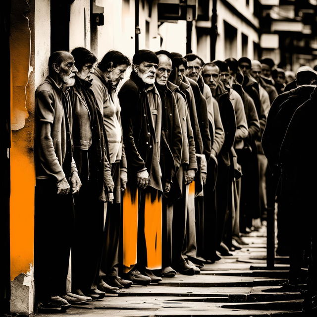 An abstract depiction of men and women lining up for food in Romania, using a mix of vibrant and muted colors with abstract shapes to convey anticipation and struggle