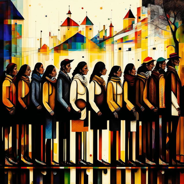 An abstract image of men and women lining up for food in Romania, featuring stylized figures, a mix of vivid and muted colors, and abstract elements that hint at a Romanian setting to convey community and resilience