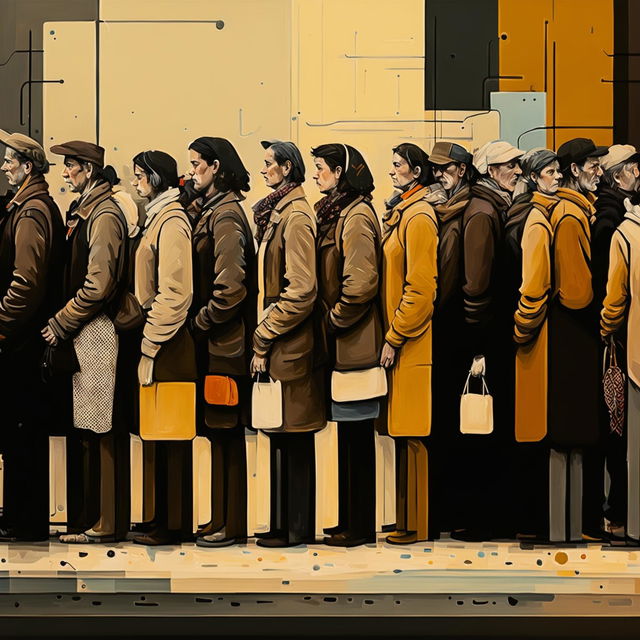 A semi-abstract depiction of men and women lining up to buy food in Romania, using muted colors and simplified forms to evoke a sense of struggle and resilience