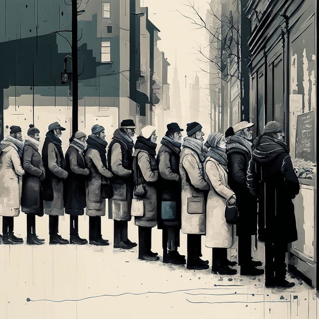 A semi-abstract image of men and women lining up to buy food in wintertime Romania