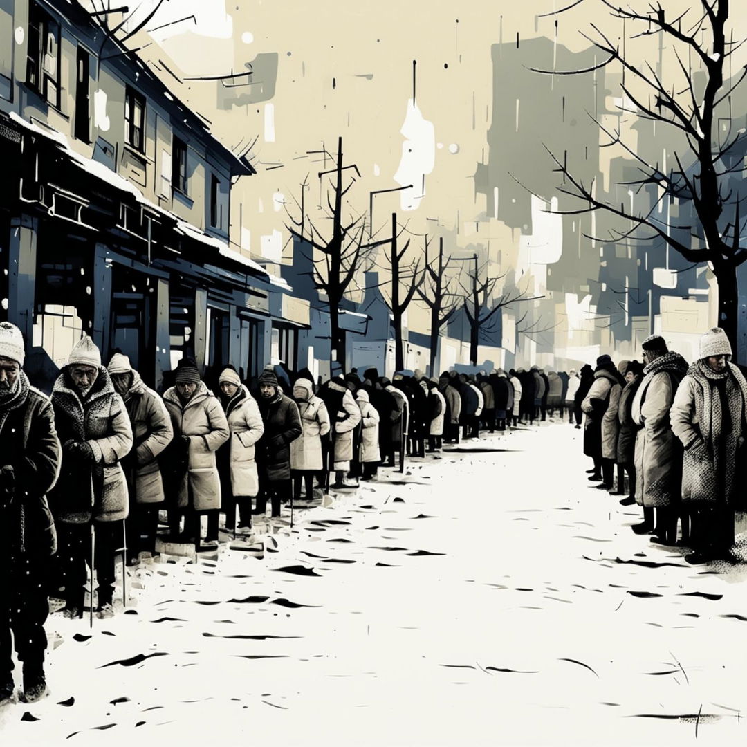 A semi-abstract image of men and women lining up to buy food in Romania during winter, featuring muted colors, winter clothing, snowy landscape, and abstract elements to convey a chilly and emotional atmosphere